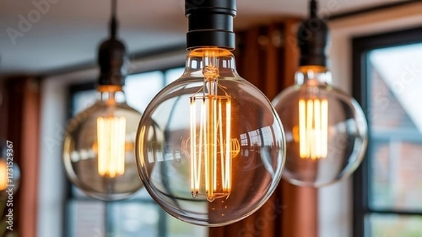 Fototapeta Warm glow of Edison bulbs illuminates modern interior design, creating inviting ambiance