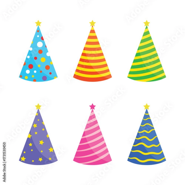 Fototapeta Set of Party celebration cone hat collection. set of party cone caps. birthday cone caps in bright colors with star. set of birthday hat. vector fun decoration
