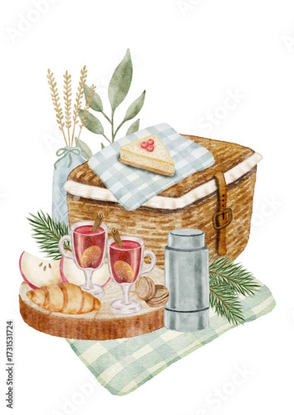 Fototapeta Ready-made digital watercolor scene featuring a picnic basket, wine, and baked goods. Perfect for fall invitations, Thanksgiving menus, and rustic food collages. PNG with transparent background.