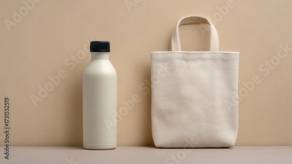 Fototapeta Innovative flat lay showcasing a minimalist disposable bottle next to a simple reusable bag on a muted background. National Recycling Day and Week,  America Recycles Day