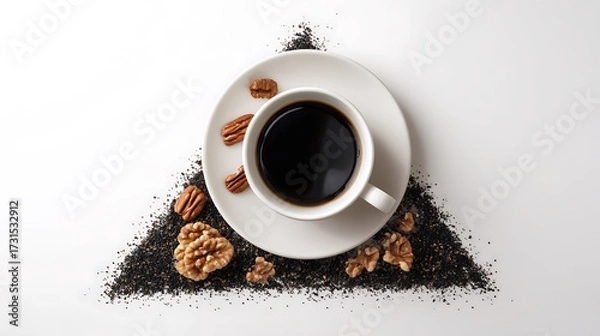 Fototapeta Coffee cup with walnut and pecan isolated on white background