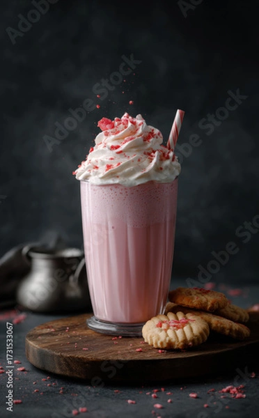 Obraz A pink milkshake with white cream and red decoration