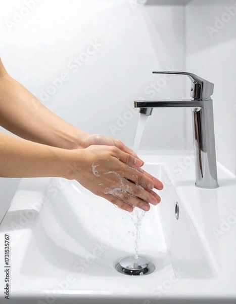 Obraz Hands are washing under running water in a modern sink