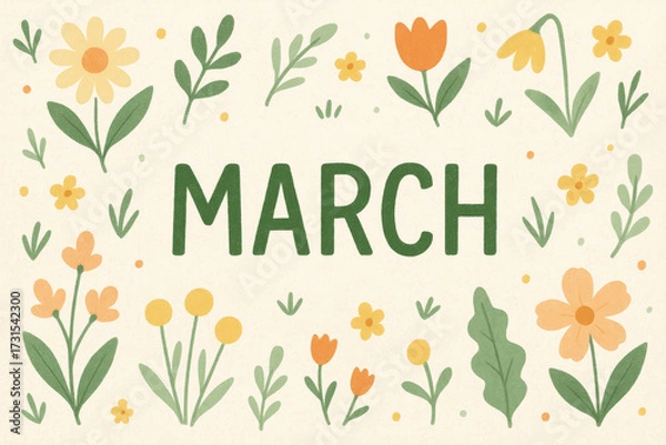 Obraz Illustrated March design with the word “MARCH” in the center surrounded by green, yellow and orange spring flowers, symbolizing joy and renewal, ideal for seasonal or calendar themes.