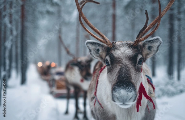 Fototapeta A reindeer pulling a sled in the snow-covered forest of Lapland