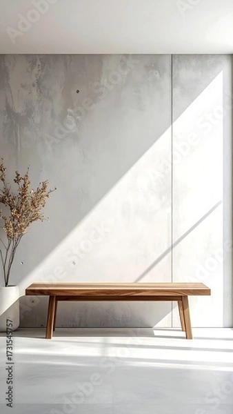 Fototapeta Minimalist interior scene featuring a wooden bench against a textured concrete wall, sunlight streaming through a window