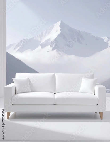 Fototapeta Minimalist white sofa against a snowy mountain backdrop
