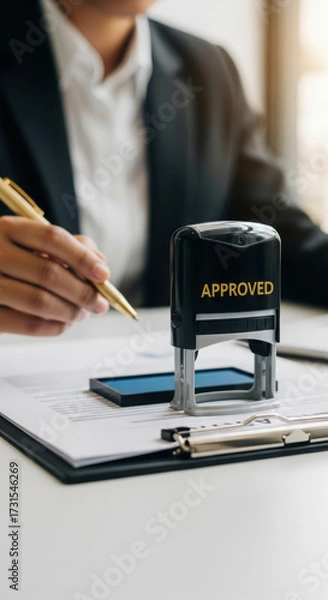Fototapeta Close-up of gold 'APPROVED' stamp on document with businessperson. Professional office setting with clipboard and pen. Corporate approval process in a work environment.