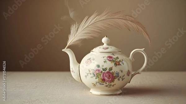Fototapeta Teapot Spout Holding a Single Feather