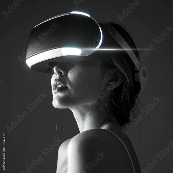 Fototapeta Monochrome profile of a woman experiencing virtual reality