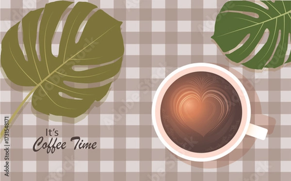 Fototapeta Spring composition with coffee time and blooming flowers. vector, illustration