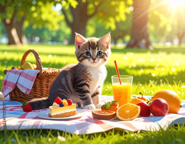 Fototapeta Happy little kitten enjoying a picnic in the park, sitting on a blanket with fruit, cake and juice, sunny playful atmosphere, children’s illustration, generated AI