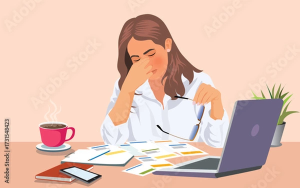 Fototapeta businesswoman are stressed and tired from work. She was holding glasses at a white desk with a laptop in the office. Isolated on a pastel pink background.. vector, illustration