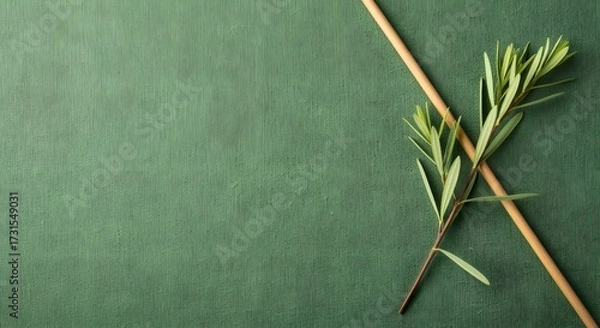 Fototapeta a close-up, top-down view of a flat lay composition showing a green sage canvas textures. High-detail, studio lighting
