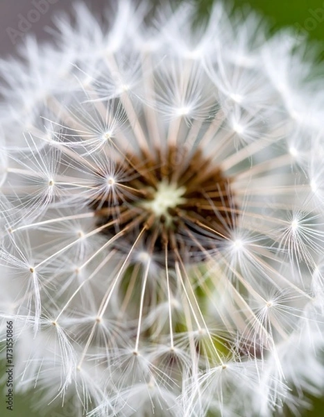 Fototapeta Close-up of a dandelion seed head.  Fluffy white seeds radiate from a brown center