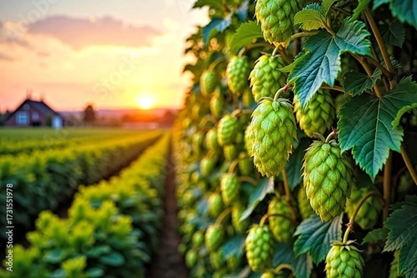 Fototapeta Green Grapes on Vine at Sunset with Field and House in Background