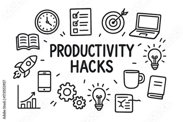 Fototapeta Productivity Doodle Elements. Productivity hacks. Hand-drawn doodle illustration of Productivity hacks. Clock,