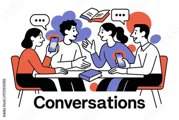 Fototapeta Floating Social Interactions. Social interactions. Abstract table scene where glowing phones, books, and