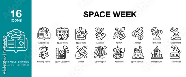 Fototapeta Space Week icon set. Includes week, holiday, event, copy space, month and More. Editable Stroke Icon Collection.