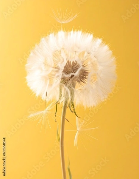 Fototapeta Close-up of a dandelion seed head against a vibrant yellow background