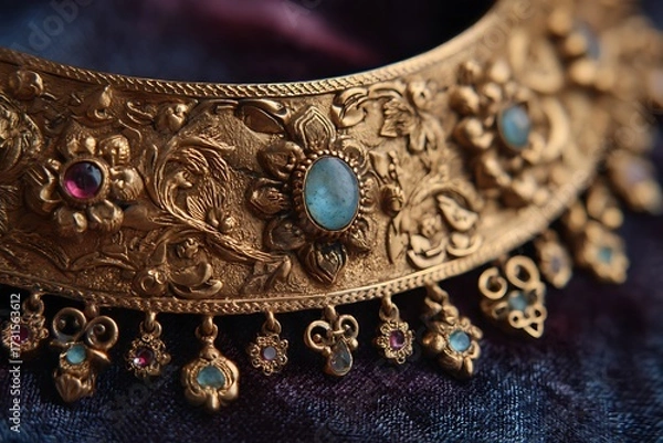 Fototapeta Close-up of an antique gold necklace with intricate floral engravings and delicate gemstone inlays, displayed on a velvet background