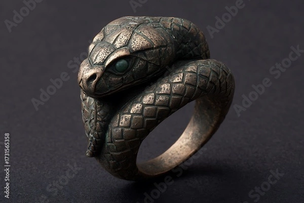 Fototapeta Old bronze ring shaped like a coiled serpent with emerald eyes and detailed scales