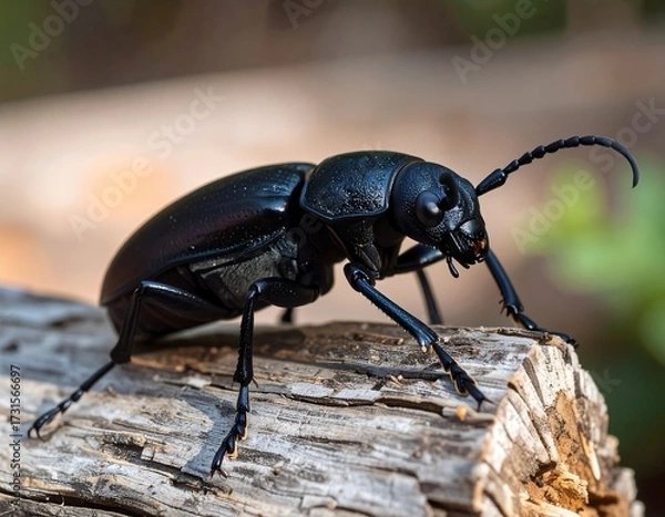 Fototapeta Close-up of a dark beetle on a log