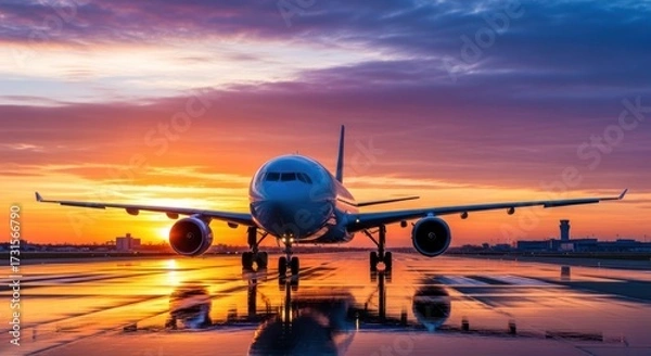 Fototapeta A passenger airplane is seen on the runway at sunset, reflecting the colorful sky.