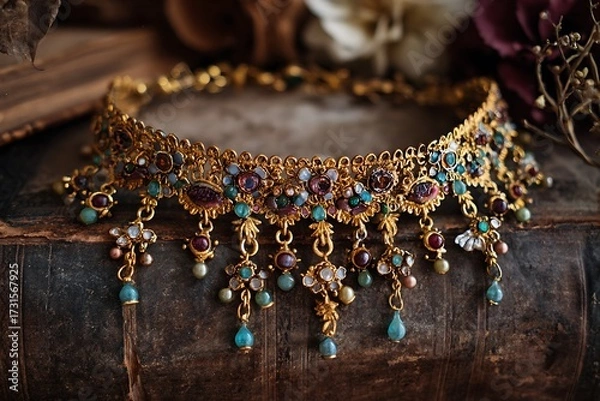 Fototapeta Vintage choker with delicate enamel work, decorated with miniature gemstones and dangling charms