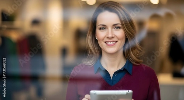 Fototapeta Smiling businesswoman looking at the camera while holding a tablet device in a modern office environment, portraying professionalism and technology