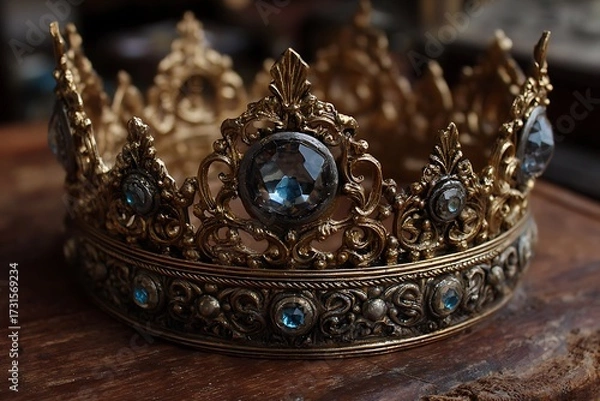 Fototapeta Vintage crown with gemstone details, intricate carvings, and aged metallic shine