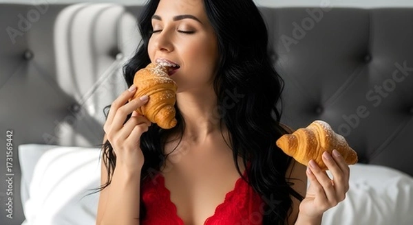 Fototapeta Sensual Portrait A Woman in a Red Lingerie, Enjoying Fresh Croissants in Bed, Capturing a Moment of Delight and Indulgence, with Natural Light