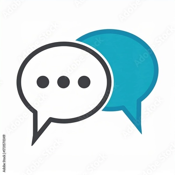 Fototapeta Two speech bubbles, one black with three dots and one blue, overlapping on a white background, representing conversation.