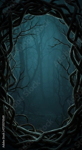 Fototapeta Dark forest with twisted branches forming a creepy Halloween frame