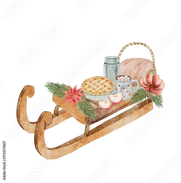 Fototapeta Ready-made digital watercolor scene of a sled carrying pie, baked goods, and tea items. Perfect for cozy holiday menus, winter invitations, and rustic food illustrations. 