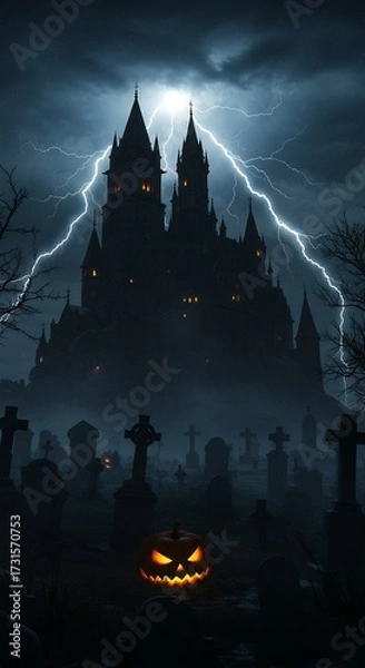 Fototapeta Gothic castle in the distance with lightning flashing, spooky Halloween atmosphere