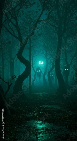 Fototapeta Halloween night forest with crooked trees, glowing eyes peeking from the shadows