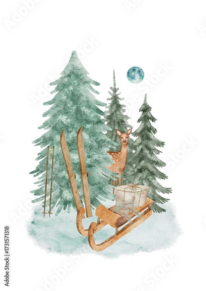 Fototapeta Ready-made digital watercolor scene featuring a sled, skis, and pine trees in a snowy forest. Great for winter sports themes, holiday travel graphics, and rustic outdoor adventure. 