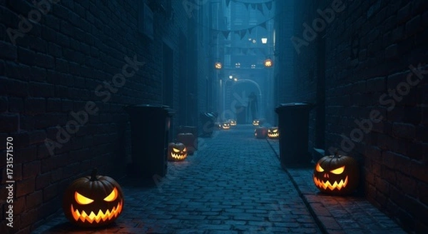 Fototapeta Scary alley with glowing jack-o’-lanterns and shadowy silhouettes