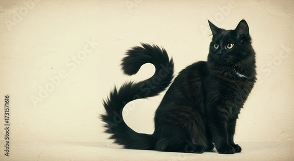 Fototapeta Retro witch’s black cat with curled tail, vintage paper effect background