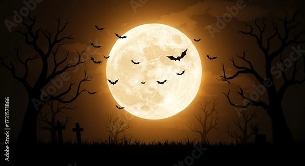 Fototapeta Spooky Halloween night background with full moon, bats flying, and haunted trees
