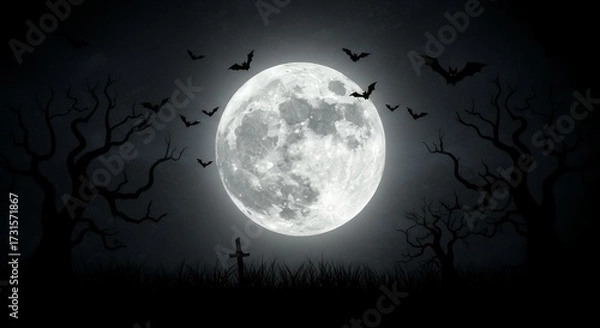 Fototapeta Spooky Halloween night background with full moon, bats flying, and haunted trees