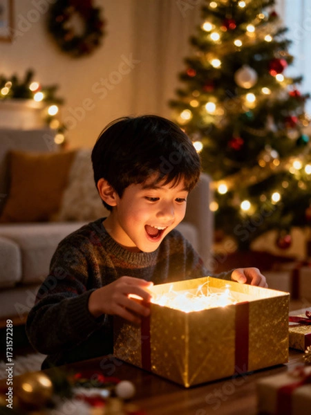 Fototapeta Joyful child opening Christmas present box glowing with festive lights