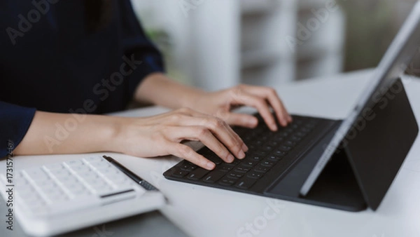 Fototapeta Woman typing on tablet keyboard working remotely
