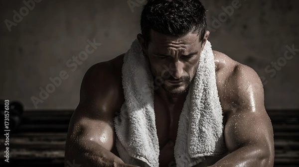 Fototapeta Sweaty muscular man resting after workout with towel on his shoulders