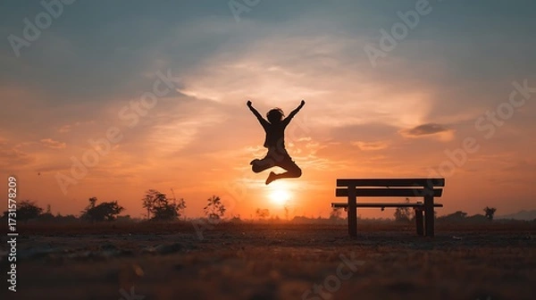 Fototapeta Silhouette of a person jumping with joy against a vibrant sunset backdrop