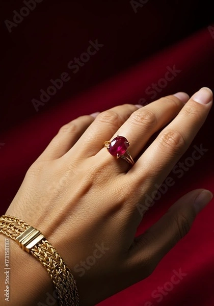 Fototapeta Elegant hand showcasing a ruby ring and gold bracelet against a red background