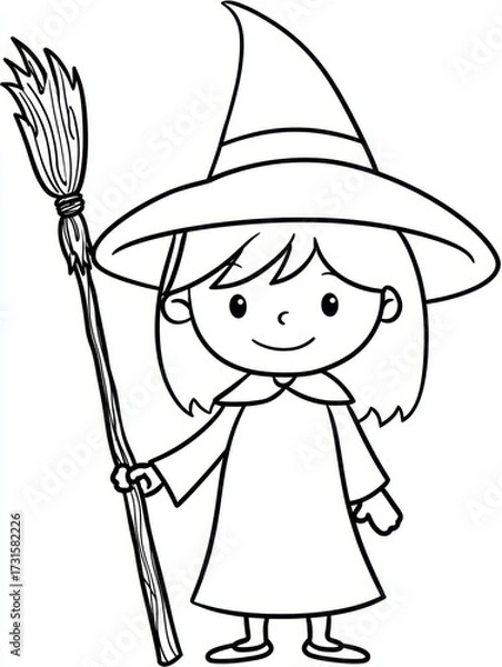 Obraz Black and white line drawing of cute cartoon witch girl with big hat and broom, smiling with simple outlines for kids coloring book