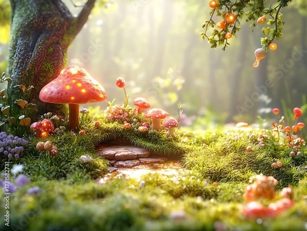 Fototapeta Enchanted Mushroom Grove: A whimsical pathway through a fairy-tale woodland setting