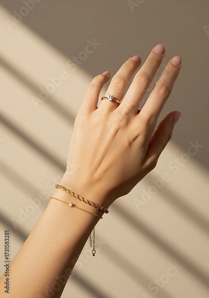Obraz Elegant hand wearing jewelry against a neutral background product showcase